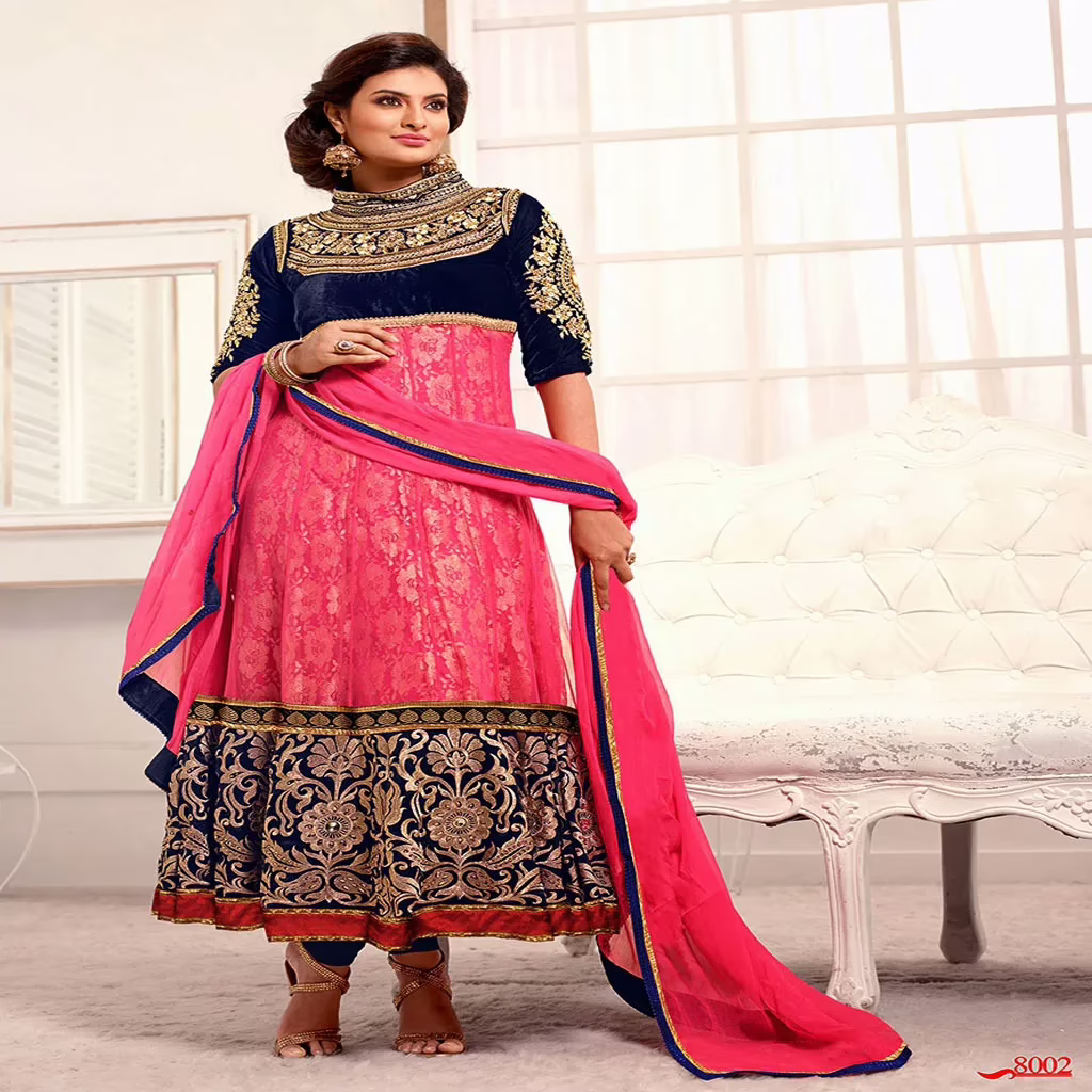 F3 Fashion Dark Blue & Pink Embroidered Anarkali Suit