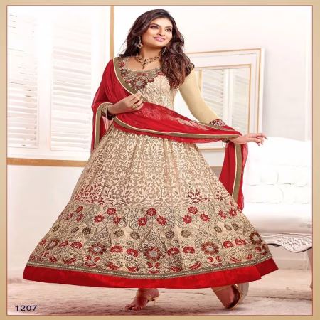 F3 Fashion Cream & Red Anarkali Suit