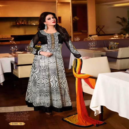 F3 Fashion Black & White Printed & Embroidered Anarkali Suit