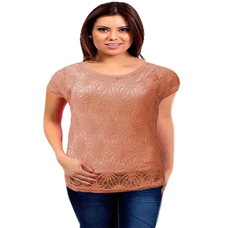 Beige Short Sleeves Round Neck Crochet Top