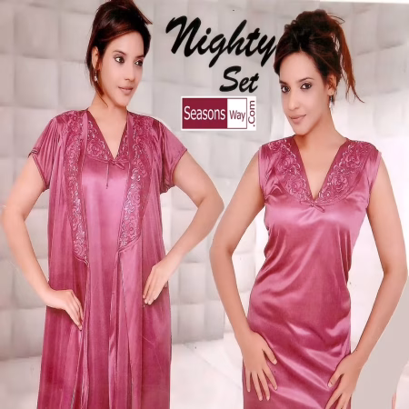 Coral Satin 2 Piece Bridal Nighty