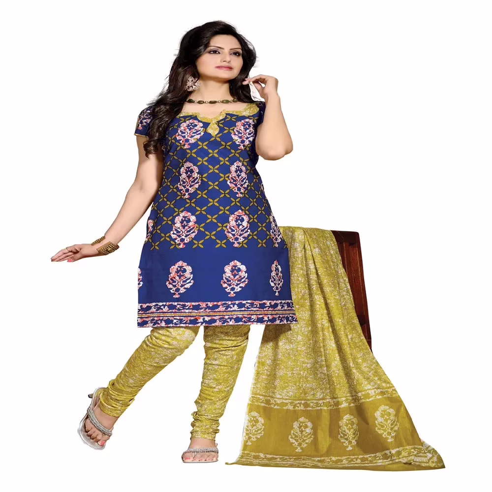 Cotton Bazaar Blue & Lemon Green Pure Cotton Un-Stitched Salwar Suit