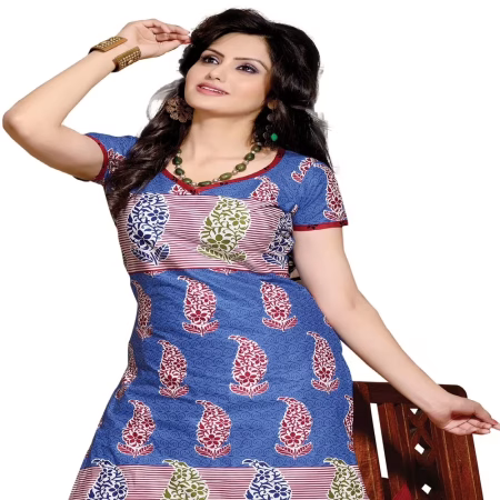 Cotton Bazaar Blue & Red Pure Cotton Un-Stitched Salwar Suit