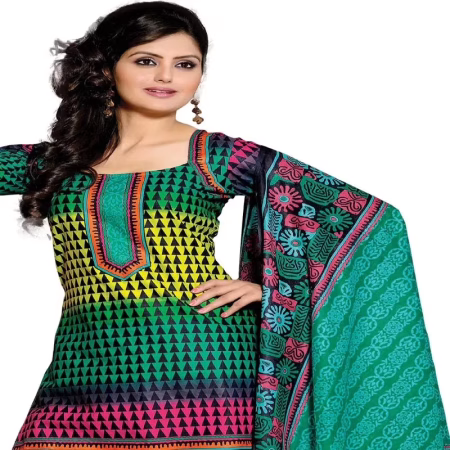 Cotton Bazaar Green & Sky Blue Pure Cotton Un-Stitched Salwar Suit