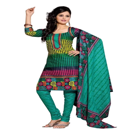 Cotton Bazaar Green & Sky Blue Pure Cotton Un-Stitched Salwar Suit