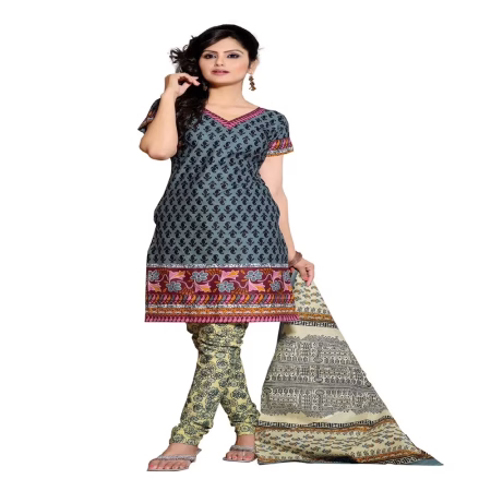Cotton Bazaar Grey & Light Yellow Pure Cotton Un-Stitched Salwar Suit