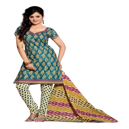 Cotton Bazaar Teal & Cream Pure Cotton Un-Stitched Salwar Suit