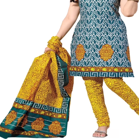 Cotton Bazaar Teal & Yellow Pure Cotton Un-Stitched Salwar Suit