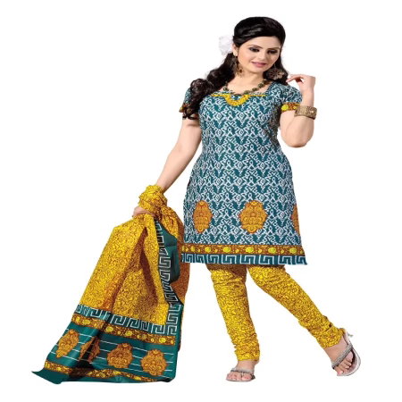 Cotton Bazaar Teal & Yellow Pure Cotton Un-Stitched Salwar Suit