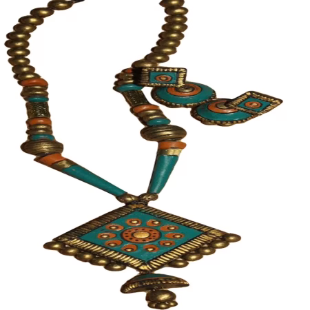 Diamond Pendant Terracotta Blue & Gold Color Combo Jewelry Set