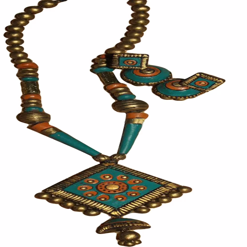 Diamond Pendant Terracotta Blue & Gold Color Combo Jewelry Set