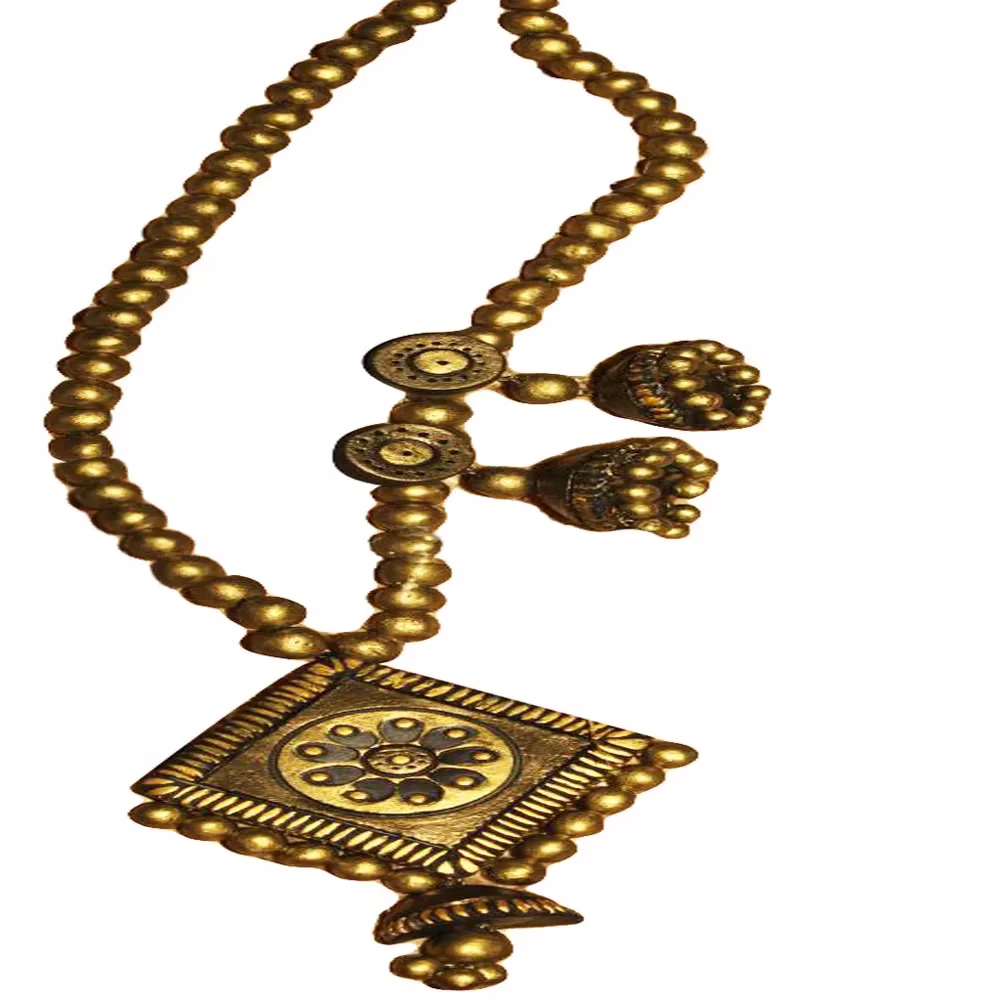 Diamond Terracotta Pendant & Ear Hangings Golden Jewelry Set