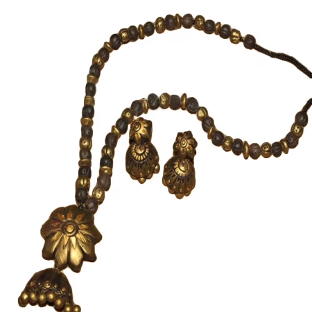 Flower Pendant Terracotta Color Black & Gold Combo Jewelry Set