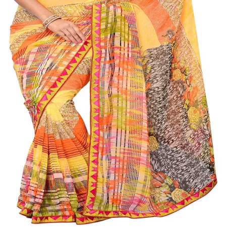 Ambaji Yellow Colored Georgette Printed Saree