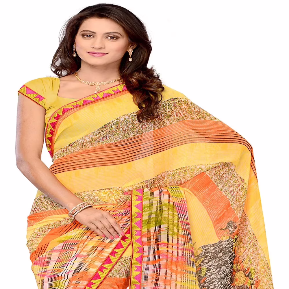 Ambaji Yellow Colored Georgette Printed Saree