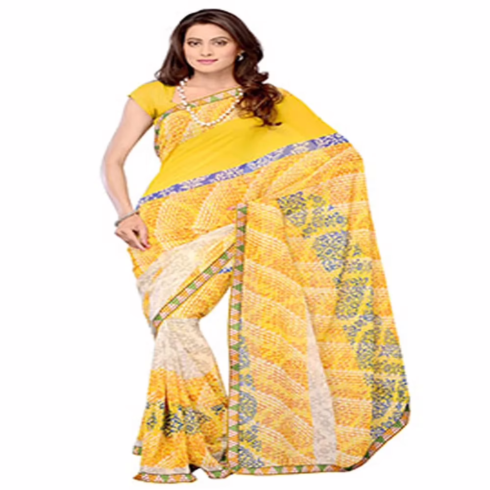 Ambaji Yellow Colored Georgette Printed Saree