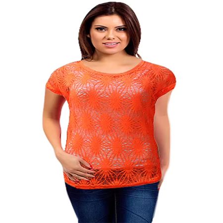 Orange Short Sleeves Round Neck Crochet Top
