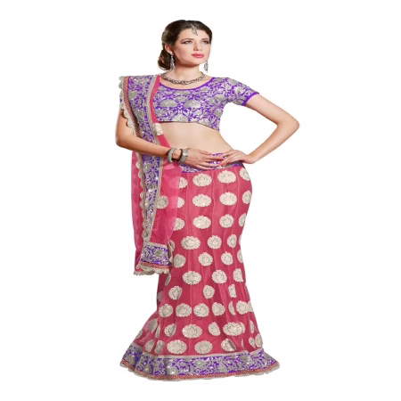 Ambaji Pink & Purple Colored Net Embroidered Lehenga Choli