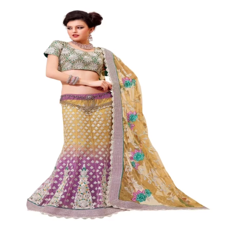 Ambaji Yellow & light purple Colored Net Embroidered Lehenga Choli