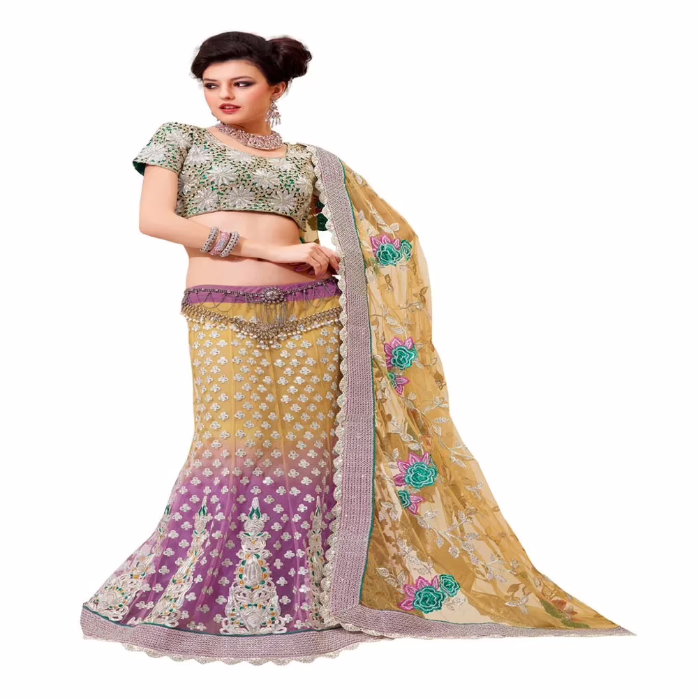 Ambaji Yellow & light purple Colored Net Embroidered Lehenga Choli