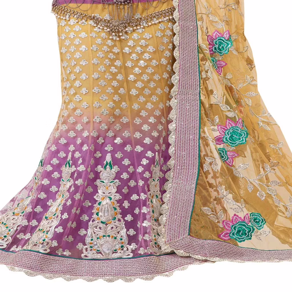 Ambaji Yellow & light purple Colored Net Embroidered Lehenga Choli