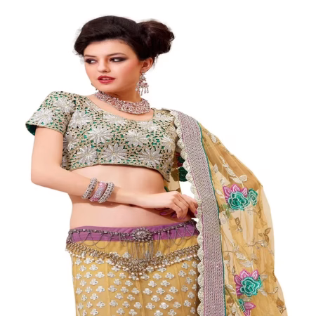 Ambaji Yellow & light purple Colored Net Embroidered Lehenga Choli