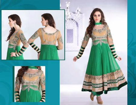 Pazaar Afreen Jungle Green and Peach Yellow Embroidered Anarkali Salwar Kameez