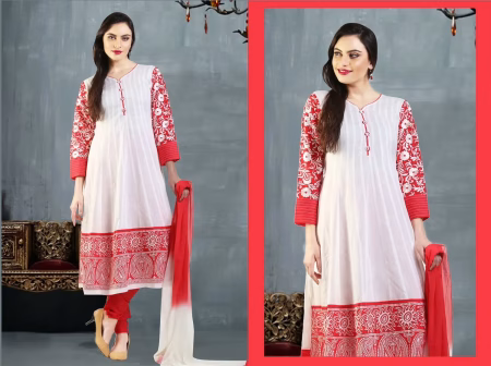 Pazaar Afreen Off-white and Rose-madder Red Embroidered Anarkali Salwar Kameez