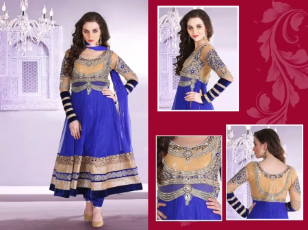 Pazaar Afreen Royal Blue and Peach Yellow Embroidered Anarkali Salwar Kameez