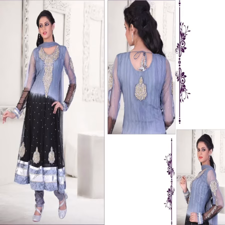 Pazaar Kaanchi Slate Gray and Black Embroidered Anarkali Salwar Kameez