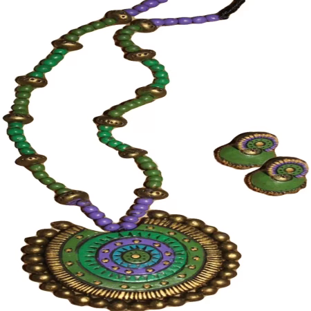 TerraCotta Ring Pendant & Ear Hangings Green Jewelry Set