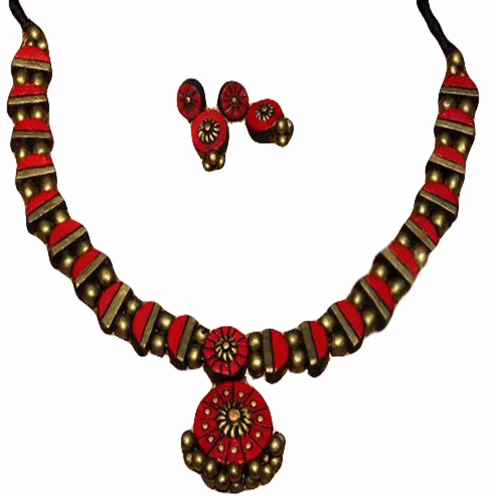 Terracotta Choker Set Color Red & Gold Combo