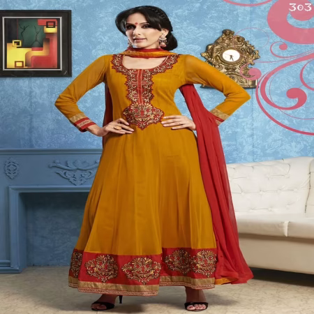 Twisa Golden Color Embroidered Semi Stitched Designer Anarkali Suit