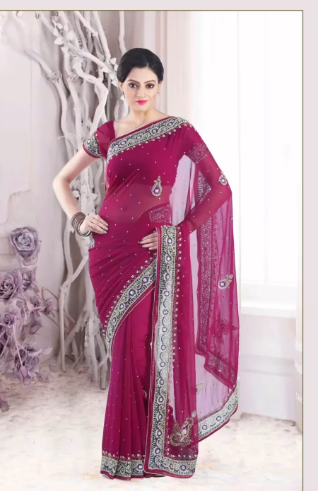 Pazaar Red-violet embroidered bridal saree with zari thread