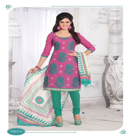 Tanvi-A Cotton Pink & Green Color Unstitched Suit