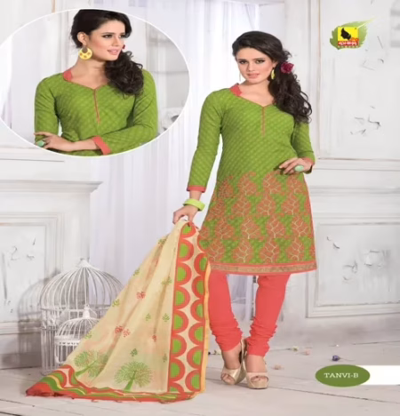 Tanvi-B Cotton Green & Peach Color Unstitched Suit