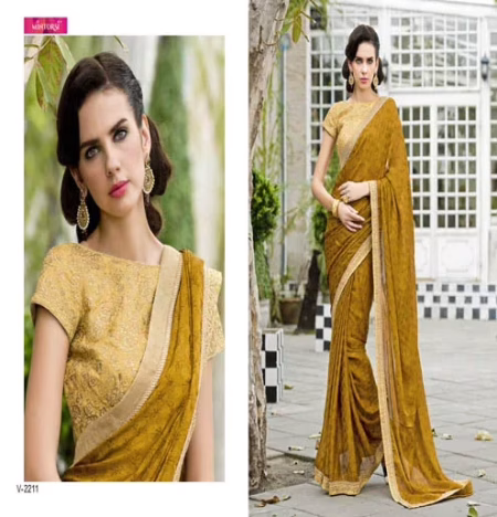 Mizzoli Mustard Yellow Satin Chiffon Chex Sarees