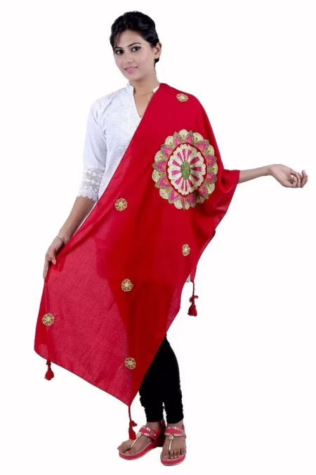 Circle of Red Lotus Pure Cotton Embroidered Stole for women