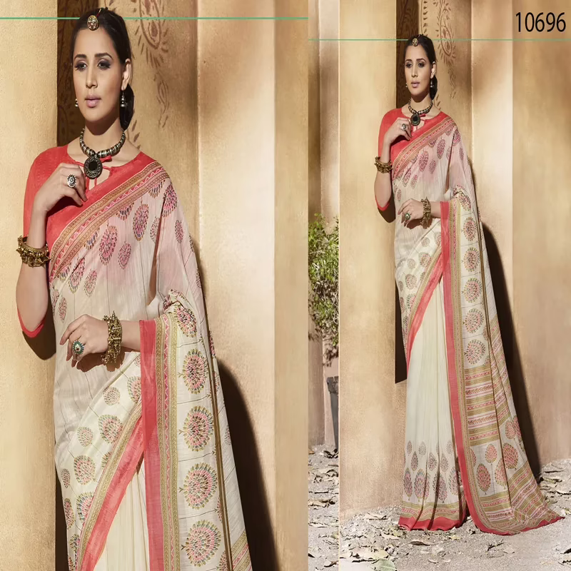 Viva N Diva Cream Colored Silk Printed Saree