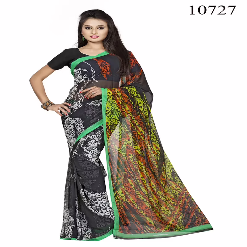 Viva N Diva Black Colored Georgette Printed Saree.