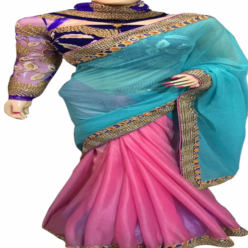 Viva N Diva Blue And Pink Colored Georgette Saree