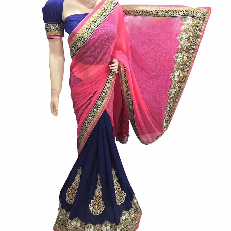 Viva N Diva Pink And Blue Colored Lycra Net Saree