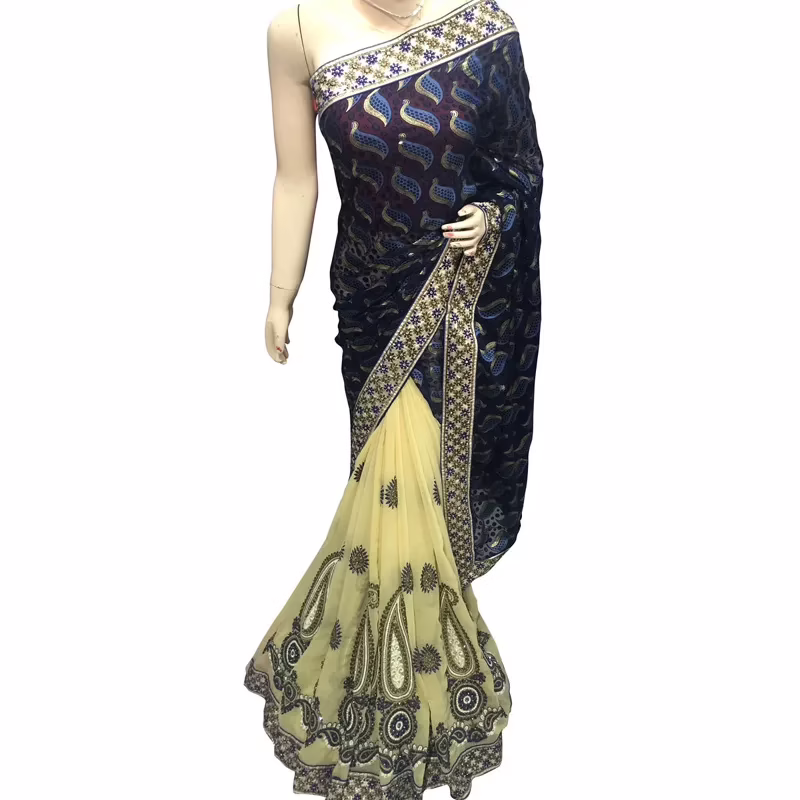 Viva N Diva Black And Yellow Colored Brasso Saree