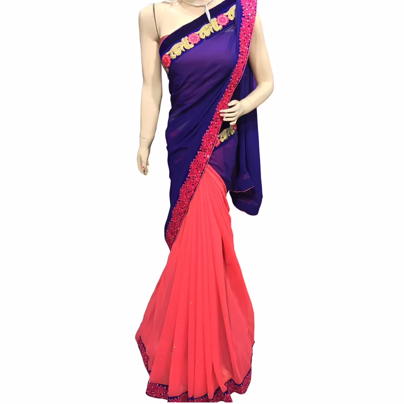 Viva N Diva Blue And Orange Colored Georgette Saree