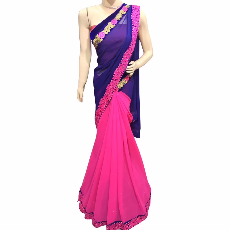Viva N Diva Blue And Pink Colored Georgette Saree