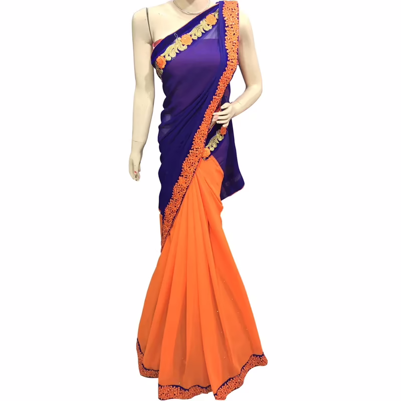 Viva N Diva Blue And Orange Colored Georgette Saree