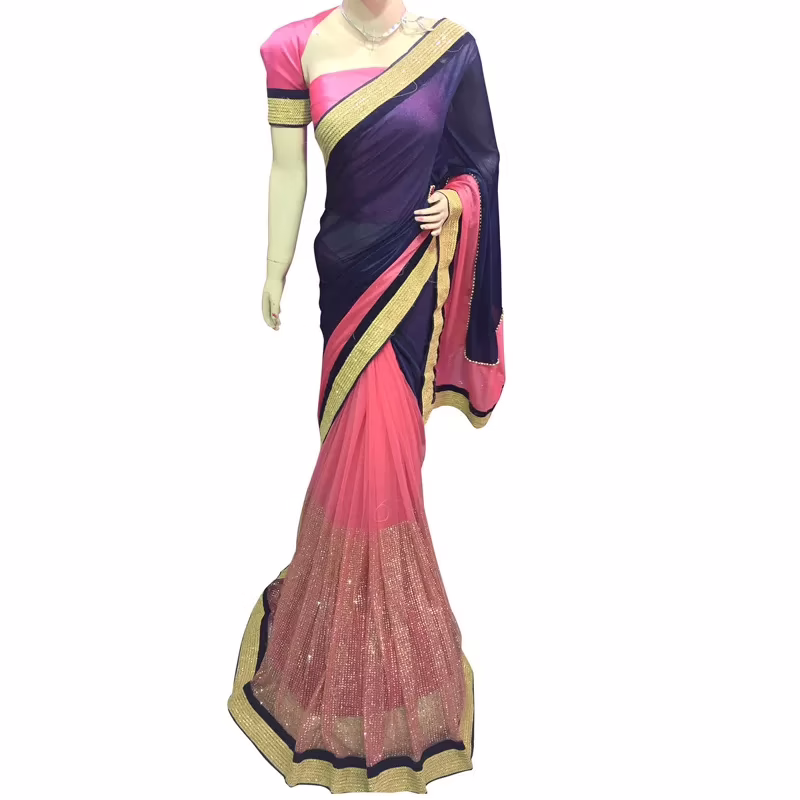 Viva N Diva Blue And Pink Colored Net And Lycra Saree