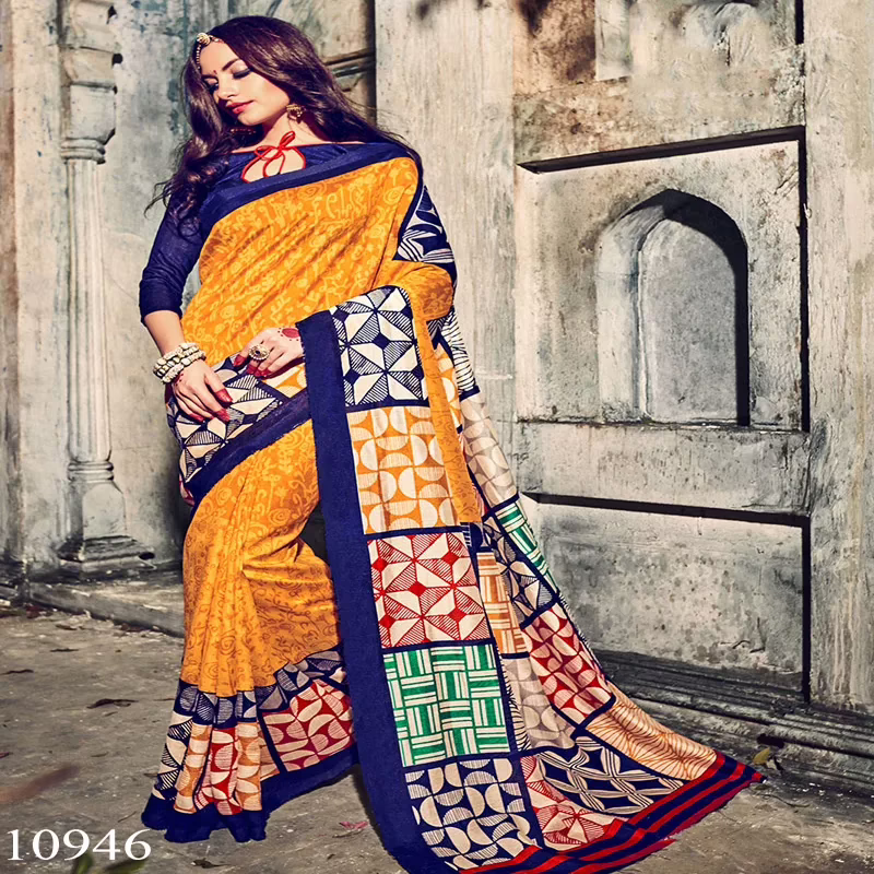 Viva N Diva Yellow Colored Bhagalpuri Silk Printed Saree