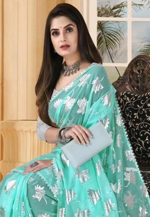 Aadishakti Blue Fashion Leaf Embellished Sarees