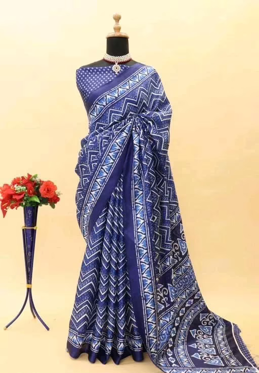 Ikkat Blue Print Khadi Blended Saree